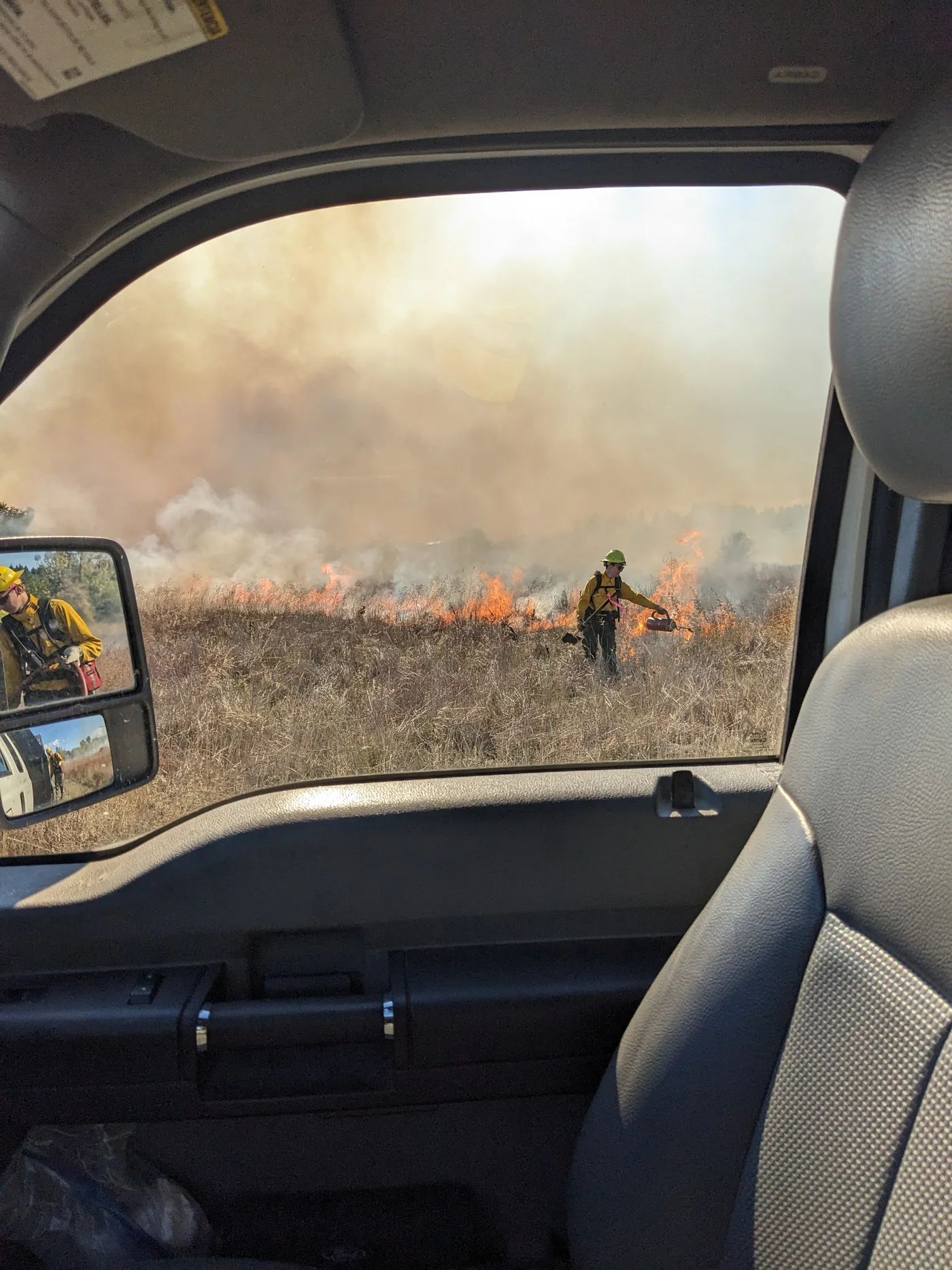 Fireline scene viewed from a truck window during field work